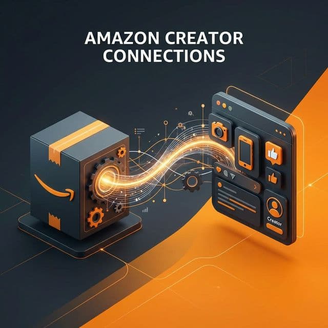 Illustration of Amazon Creator Connections for sellers, linking product listings to creator profiles and performance payouts.