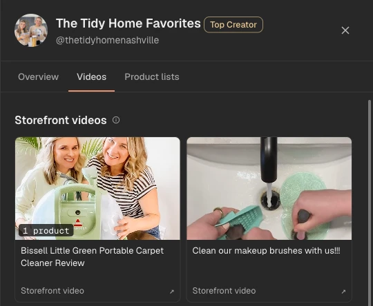 The Tidy Home Favorites’ influencer details in Spreesy, showing their Amazon video thumbnails and titles