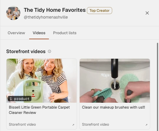 The Tidy Home Favorites’ influencer details in Spreesy, showing their Amazon video thumbnails and titles