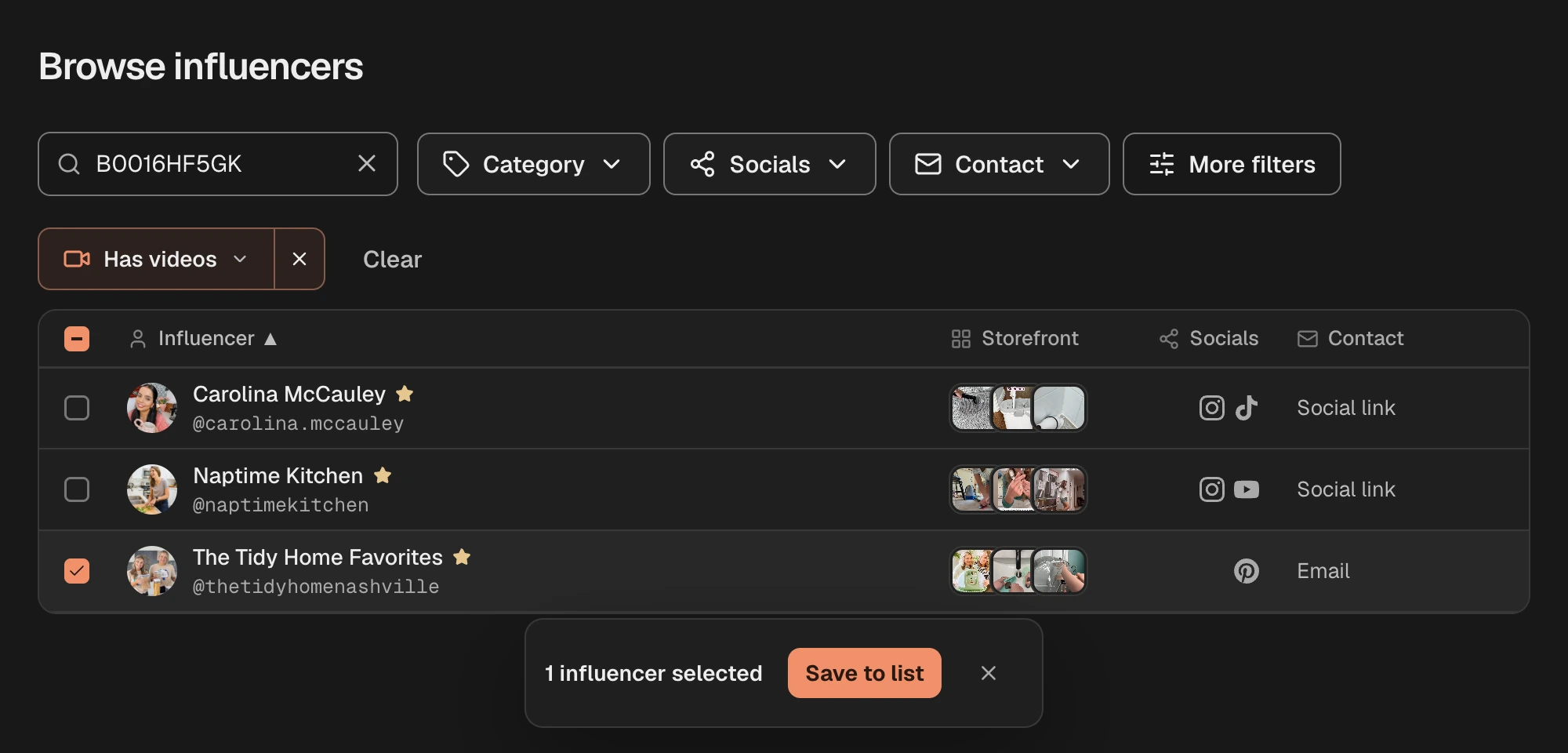Spreesy results for the Bissell Little Green: influencer photos and names, storefront thumbnails, the social platforms each one links and whether they publish an email or a social link, with one influencer selected to save to a list