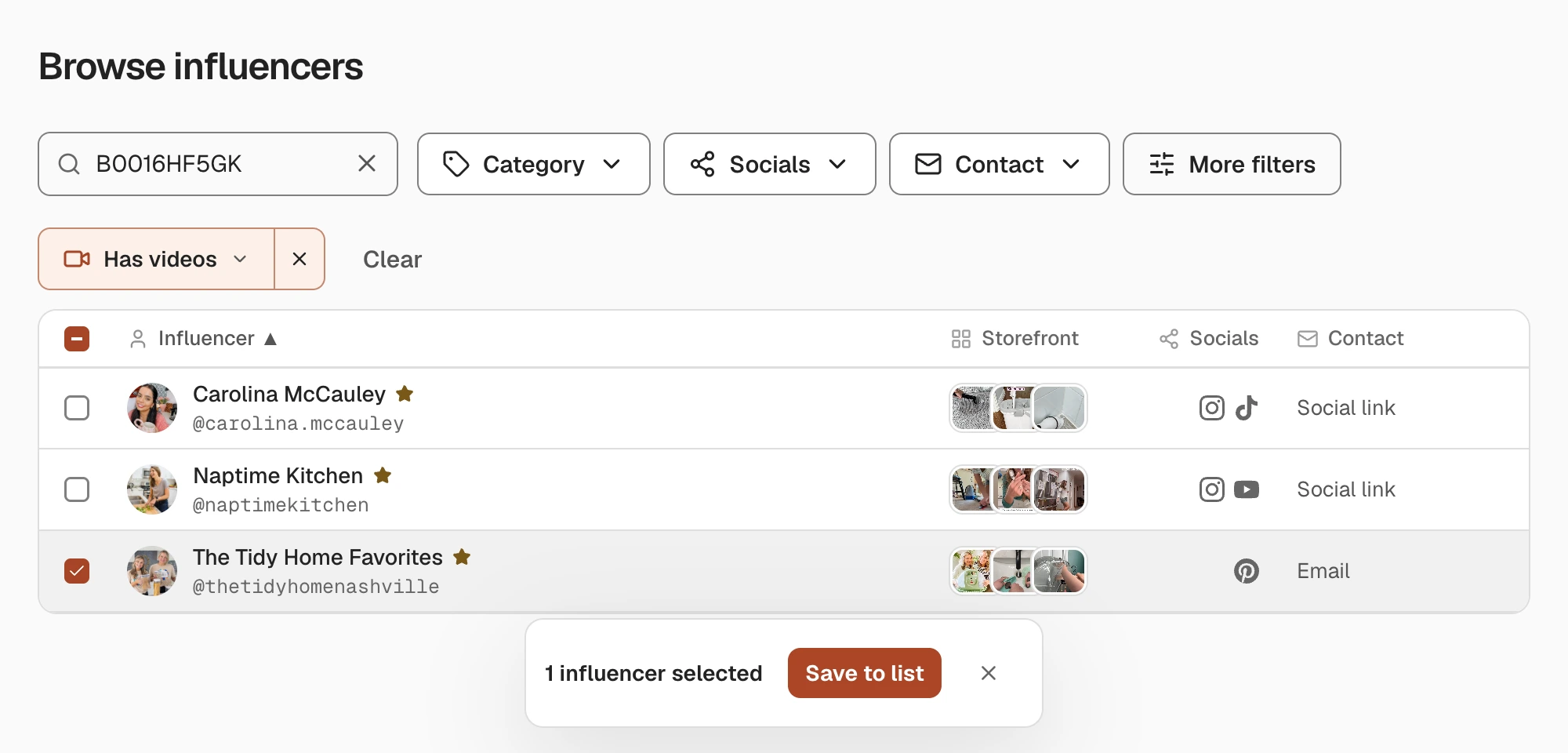 Spreesy results for the Bissell Little Green: influencer photos and names, storefront thumbnails, the social platforms each one links and whether they publish an email or a social link, with one influencer selected to save to a list